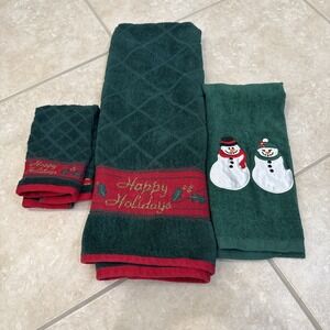 VTG GREEN EMBROIDERED Happy Holidays Hand Towel Wash cloth‎ & Snowman Kitchen